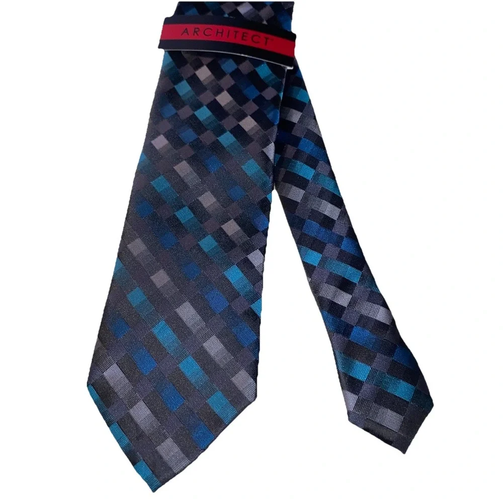 Architect Men's Neck Tie Blue/Gray/Black‎ Geometric Designer Handmade 58